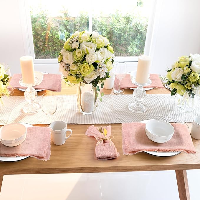 TURSTIN 24 Pieces Cotton Linen Cloth Napkin Handmade Cloth Napkin with Fringe 17 x 17 Inch Soft Cloth Dinner Wedding Napkin Square Rustic Fringe Table Napkin for Dinners, Parties, Weddings, Dusty Pink