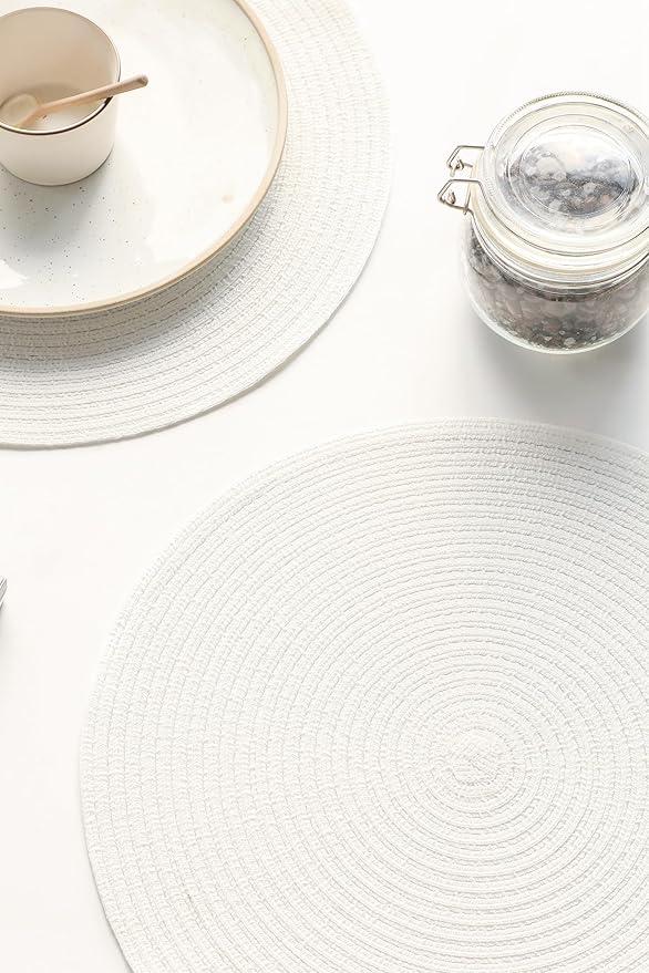 Floroom 15 Inch Round Braided Placemats Set of 4, Washable Heat Resistant Cotton Polyester Circle Place Mats for Kitchen Dining Table - White