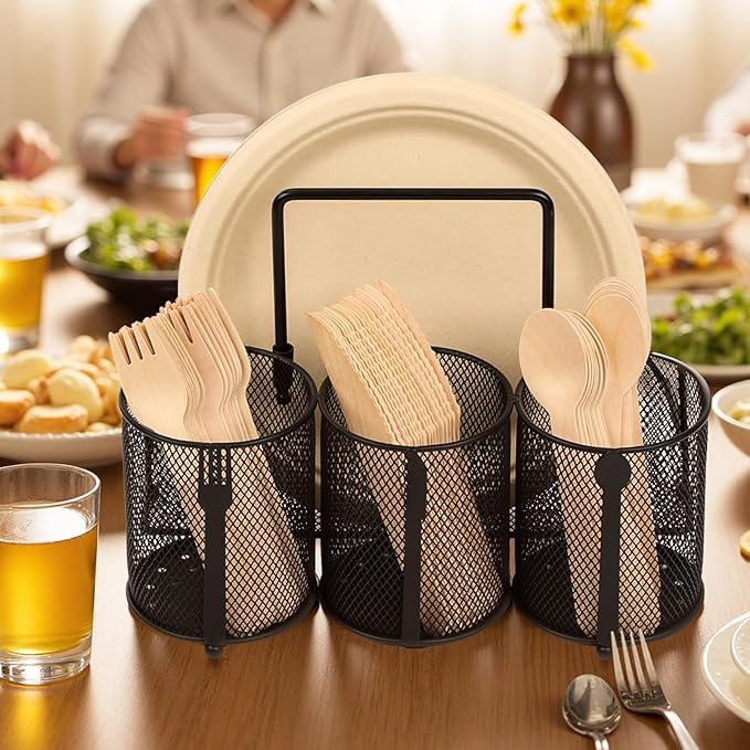 Metal Utensil Caddy Silverware Holder, Paper Plate Holder Cutlery Container,Plate Organizer Flatware Storage Basket Party Camping Picnic Buffet RV BBQ Farmhouse Kitchen Countertop