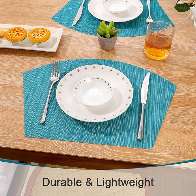 SHACOS Wedge Shape Placemats Set of 8 Woven Vinyl Reversible Placemats for Round Table Curved Place Mats Wipe Clean Non Slip Table Mats Indoor Outdoor, Teal Blue