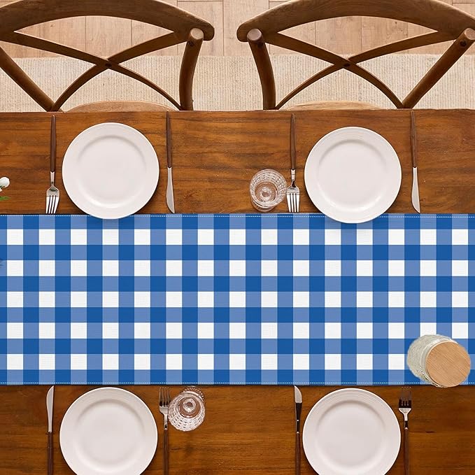 Blue and White Checkered Table Runner Gingham Plaid Birthday Party Decoration BBQ Picnic Dining Room Home Kitchen Table Decor (Blue, 13" x 72")
