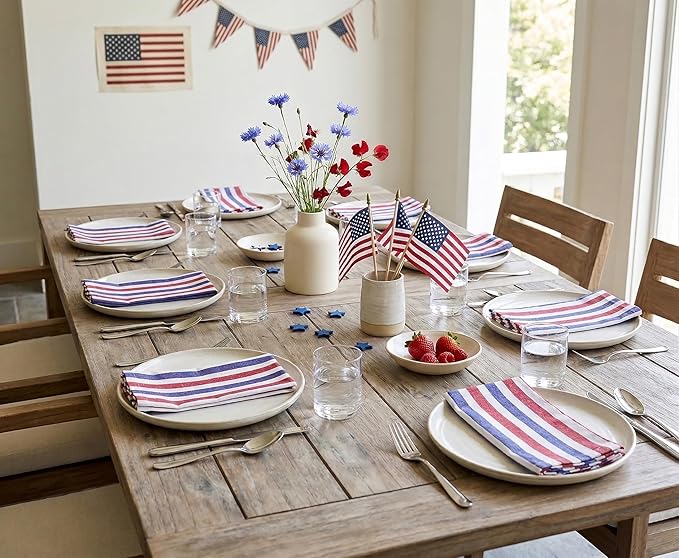 PurpleEssences 4th of July Plain Striped Cloth Napkins - Set of 12-100% Cotton - 18 x 18 Inch - Perfect Everyday Use Dinner Napkin - Red Blue White