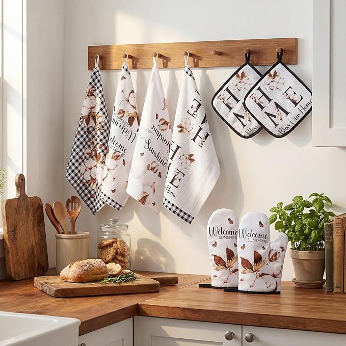 Leinuosen 8 Pcs Kitchen Towels and Dishcloths Sets Oven Mitts and Pot Holders Sets Absorbent Kitchen Gloves Potholders Heat Resistant for Chef Baking Cooking (White,Cotton)