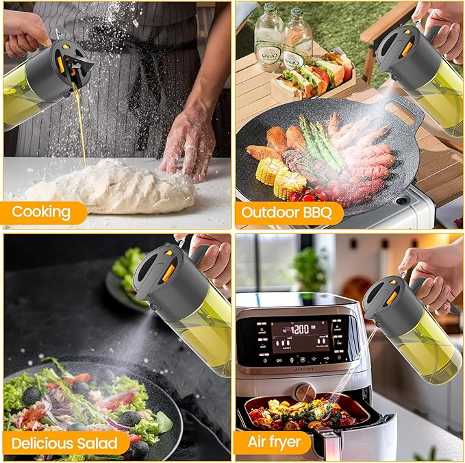 2-IN-1 500ml/17oz Light-Blocking Dark Oil Sprayer for Cooking with Sticker, Dark Green Glass Olive Oil Dispenser Bottle for Kitchen, Even Spray with Portion Control, Perfect for Air Fryer, BBQ - Black