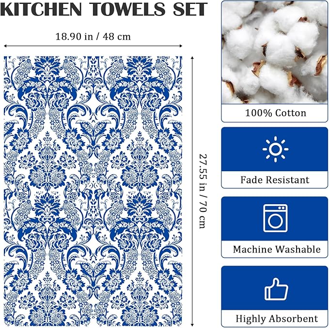 Blue and White Porcelain Tea Towels, Cotton Kitchen Towel 18.9 × 27.5 inch, Quick Drying Dish Cloth for Party Anniversary Holiday Decoration, Housewarming Gifts for Mom