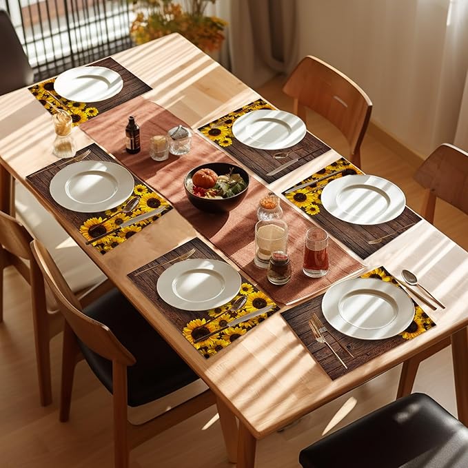 Sunflowers Wooden Placemats Set of 6,Washable Heat Resistant 12×18 Inch Linen Table Mats,Place Mats for Party Outdoor Dining Decor