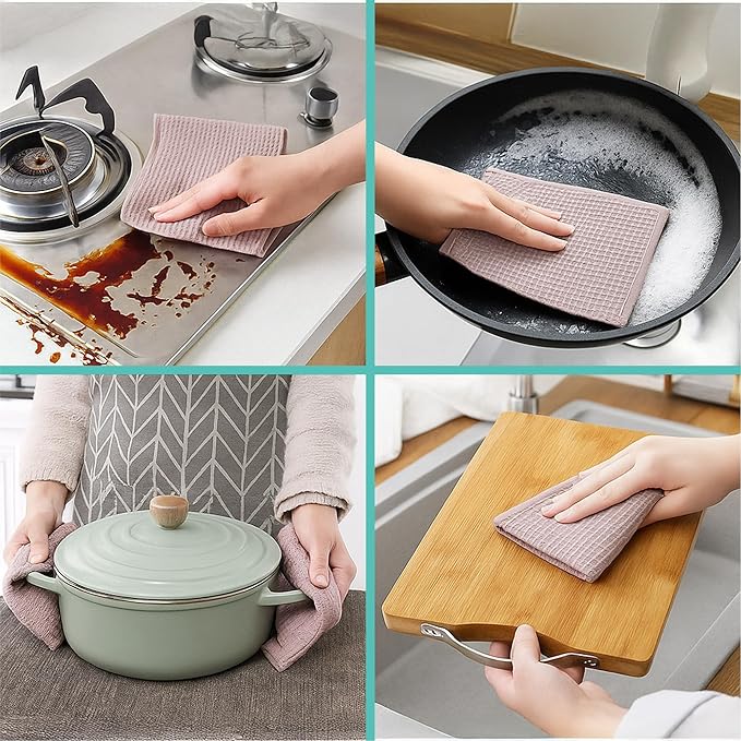 Kitchen Towels and Dishcloths Sets, 14 X 14 Inches, Absorbent Dish Towels for Kitchen, Microfiber Cleaning Cloth, Dish Cloths for Washing Dishes, Waffle Kitchen Towels (Multicolored)