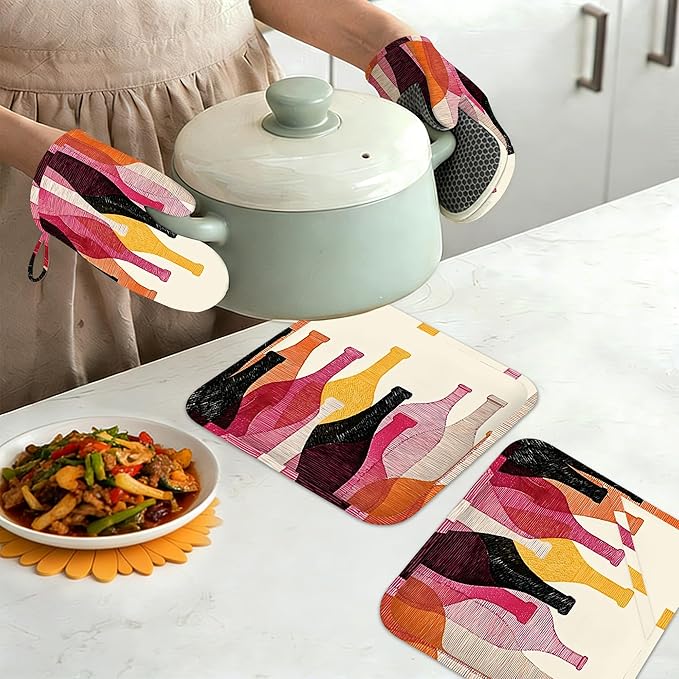 Red Wine Bottle Oven Mitts and Pot Holders Sets,Silicone Kitchen Mitts Potholders Heat Resistant 4Pcs Oven Gloves Hot Pads for Kitchen Baking Cooking