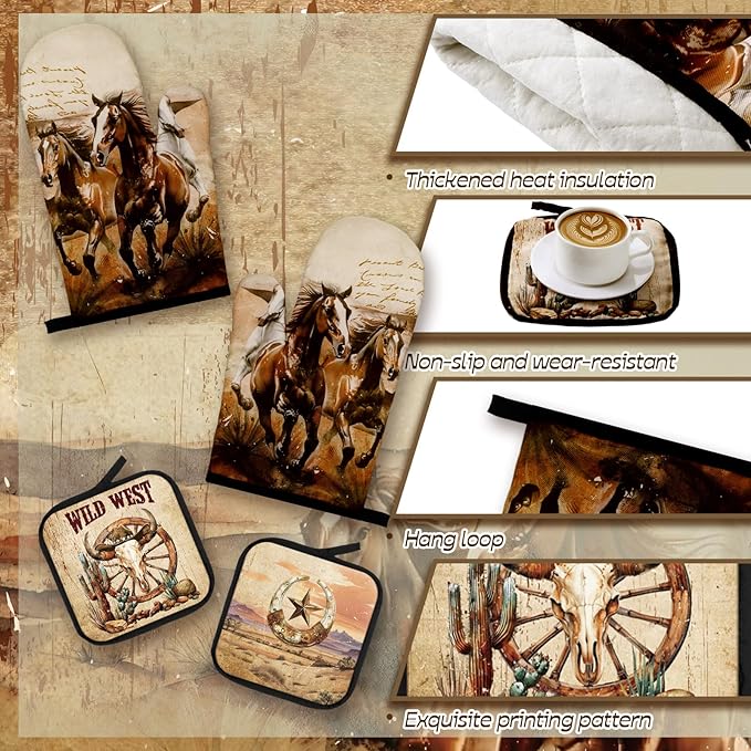 Fourluoo 10 Pcs Western Cowboy Kitchen Decor Oven Mitts and Pot Holders Set Western Cowboy Kitchen Accessories Vintage Dish Towels Farmhouse Rugs and Mats for Home Cooking Baking Housewarming Gifts