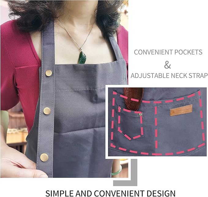 Apron for Men Women with Adjustable Straps and Large Pockets, Canvas Cotton Cooking Kitchen Chef Bib Aprons Waterproof Grey