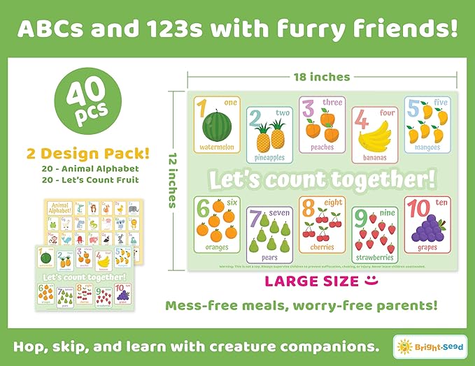 Bright Seed Disposable Placemats for Baby, Toddlers and Kids, Animals ABC & Numbers, 40 Disposable Baby mats for Restaurant, Dining Table & Travel, Learning Placemats for Kids, Toddler Travel