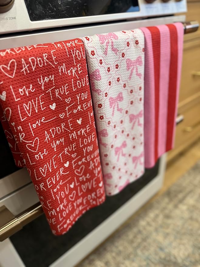 || 3 Pack|| Double Sided || Not Your Ordinary Dish Towels || Waffle Weave Microfiber|| Highly Absorbent || Hanging Loop || Dish Cloths || Modern || Designer Prints || Valentines