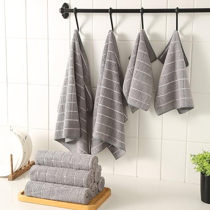 Puomue Microfiber Kitchen Towels and Dishcloths Set, 26 X 18 Inch and 12 X 12 Inch, Set of 12 Bulk Lint Free Dish Towels for Drying Dishes, Grey