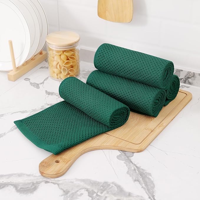 Kitinjoy 100% Cotton Waffle Weave Kitchen Hand Towels (13 X 28 Inches, Dark Green), 4-Pack Super Soft and Absorbent Dish Towel for Drying Dishes