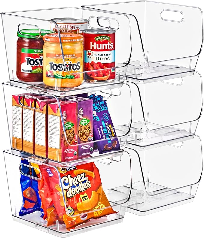 Sorbus Stackable Storage Bins Open Front, Clear Stackable Storage Bins, Pantry Bins for Storage and Organization, Acrylic Stackable Bins for Kitchen, Clear Pantry Organizer Bins (Medium Square 6 Pack)