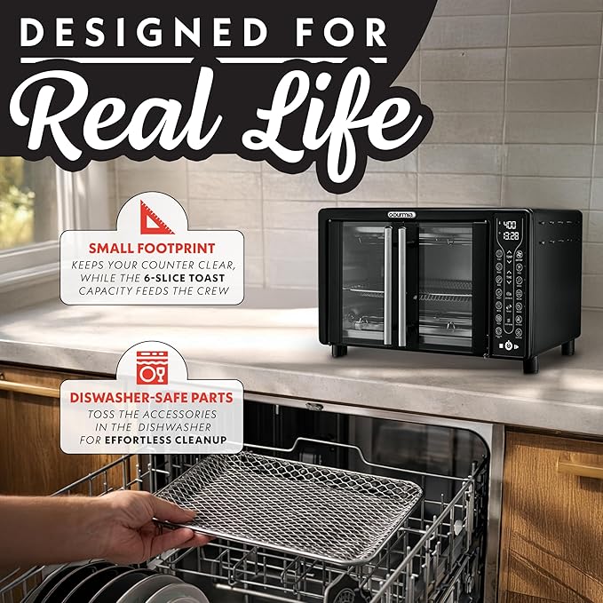 Gourmia French Door Air Fryer – 25 Qt Large Capacity Convection Oven, Fryforce 360°, Digital Display with 17 Cooking Presets, Bake, Toast, Roast, Dehydrate, Fits 12” Pizza