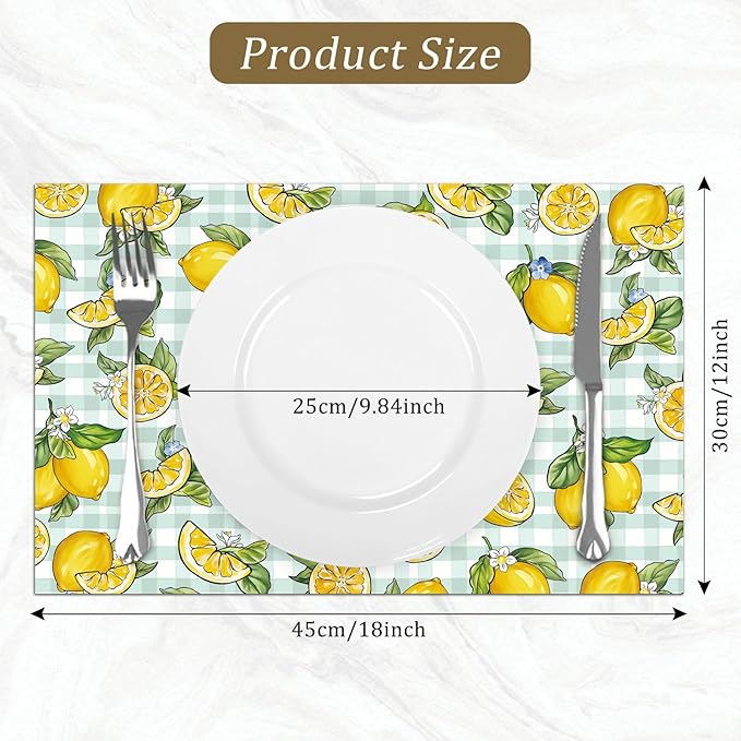 comfoyar Summer Lemon Placemats Set of 4, 12x18 Inch Non-Slip Linen Flower Leave Place Mats, Washable Absorbent Plaid Table Mats for Kitchen Dining Party Table Decoration