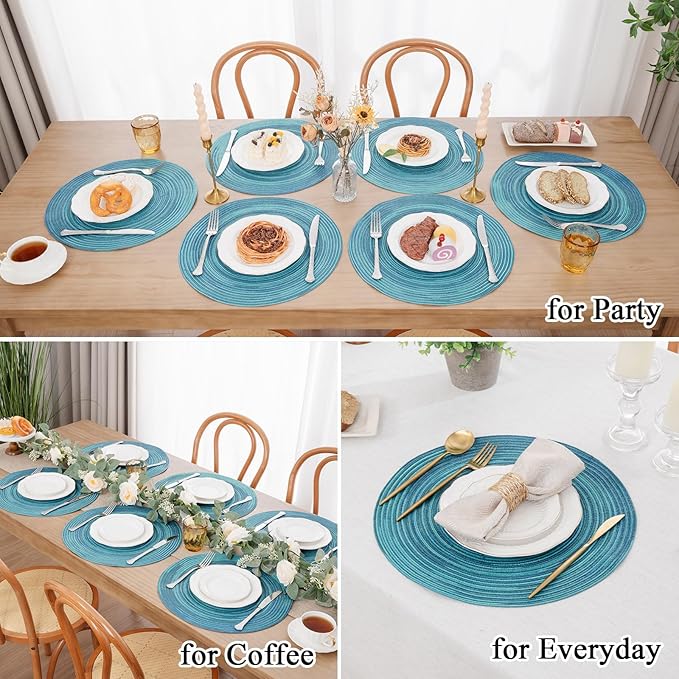 SHACOS 15 inch Round Placemats Set of 8 Variegated Multicolor Place Mats Cotton Polyester Braided Non Slip Washable Heat Resistant Table Mats for Home Wedding Dinner Party Table Decor, Rainbow Teal