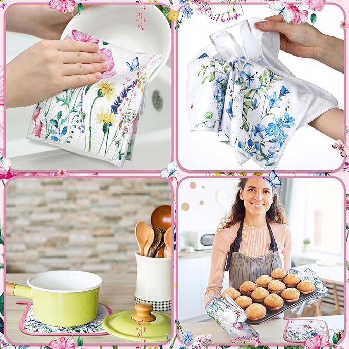 Leinuosen 6 Wild Flower Kitchen Towels Kitchen Decor and Accessories Set Floral Plant Oven Mitts and Pot Holders Sets Farmhouse Absorbent Dish Towels for Cooking Baking Grilling