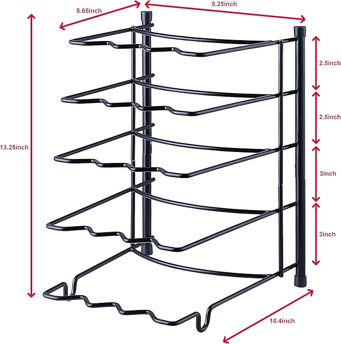 SunnyPoint Metal Heavy Duty Kitchen Countertop Cabinet Pantry Pan, Pot Lid, and Pot Organizer Rack Holder, 9.25 x 10.4 x 13.25 Inch, Black