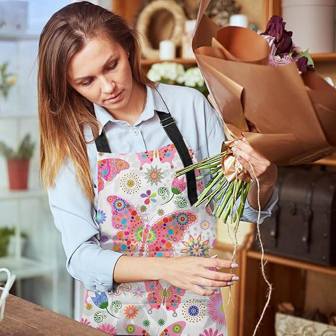 Britimes Butterfly Apron Floral Colorful Butterflies Flowers Aprons Kitchen Cooking Gardening for Women With Pockets