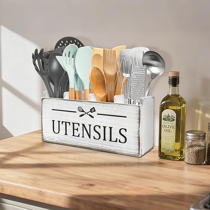 RedCall Extra Large Utensil Holder Organizer,4 Compartments Wooden Kitchen Tool Holder for Countertop,Rustic Farmhouse Utensil Organizer for Spatula Spoon Storage (Antique-4)