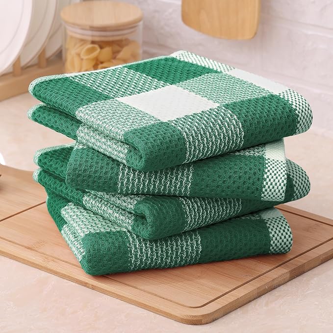 Mordimy Kitchen Towels and Dish Cloths Set, 28 X 13 Inch and 12 X 12 Inch, Set of 8 Soft and Super Absorbent Dish Towels for Drying Dishes, Dark Green & White