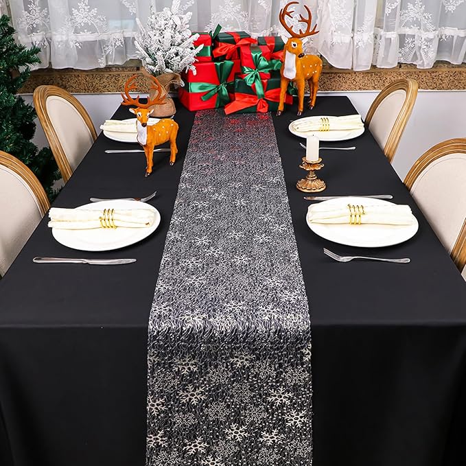 Snowkingdom Christmas Snowflake Silver Table Runner 11 Inch x 49 Feet Sparkly Silver Foil Glitter Metallic Mesh Runners Dining Table Decorations for Seasonal Winter Xmas Festival Holiday Home Party