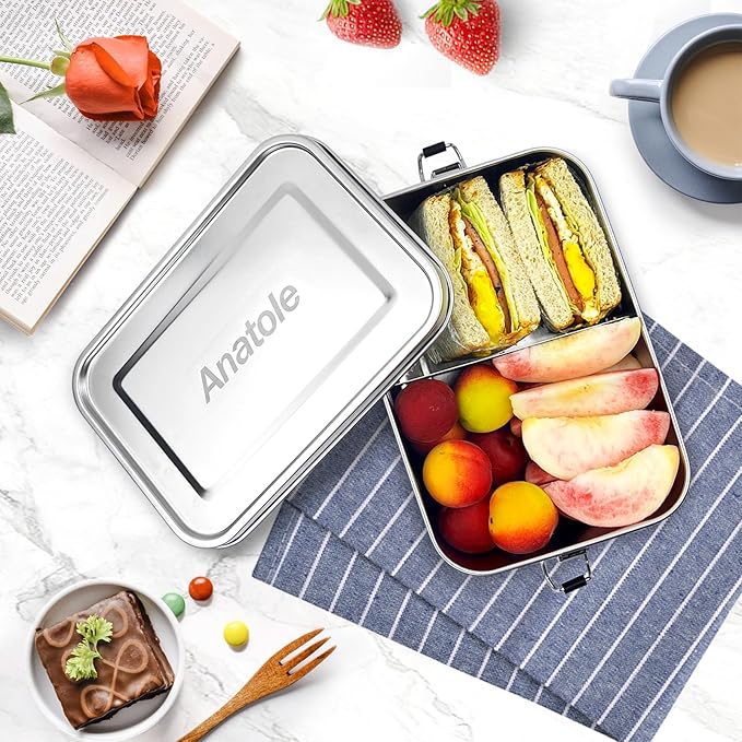 Anatole 304 Stainless Steel Bento Box 47oz 1400ml Leak-Proof Lunch Box with Removable Divider BPA Free Dishwasher Safe Food Container for Adults Office Camping Picnic Travel