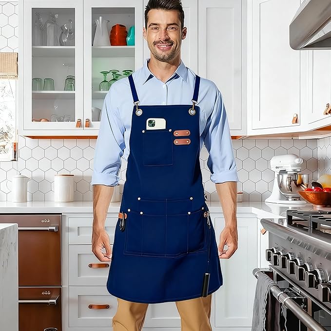 Canvas Work Apron,Cross Back Aprons for Men,Women,Cooking,Carpenter,Woodworking,Chef,BBQ,Grilling,Bartender