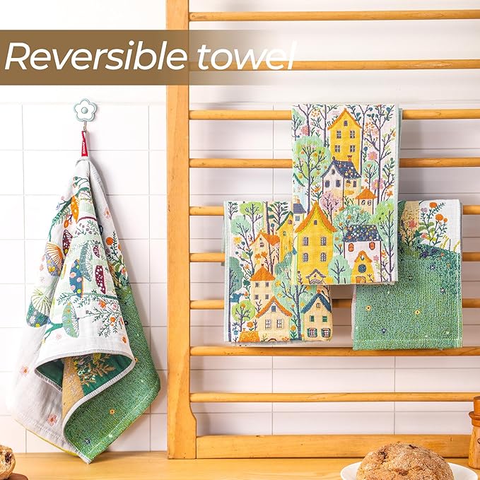 Flour Sack Green Kitchen Towels - Tea Towels Set of 2,Quick Dry 100% Cotton for Kitchen Drying Linework,Ultra Absorbent Decorative Boho Floral Large Hand Towels with Hanging Loop,Mushroom
