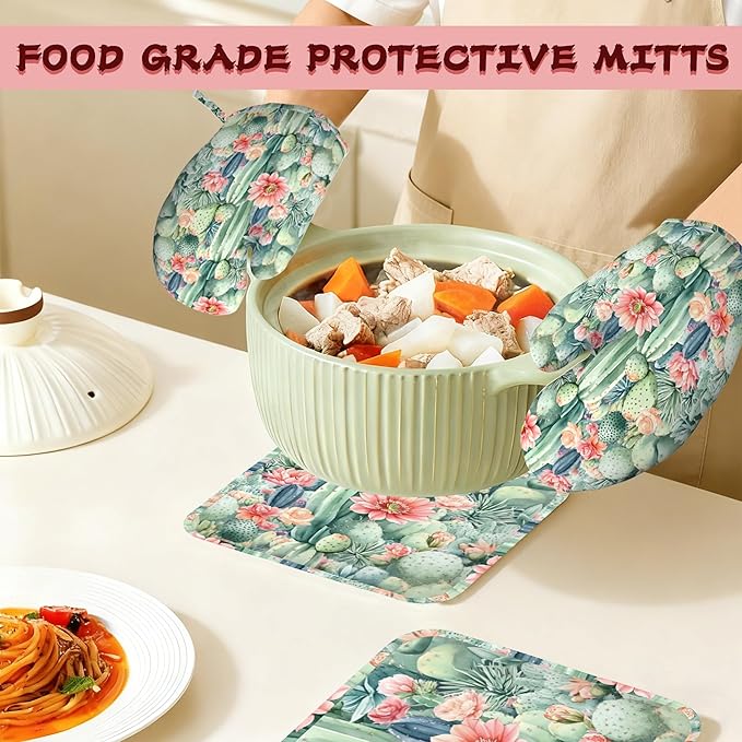 Cactus Flower Succulent Plant Heat-Resistant Silicone Oven Mitts and Pot Holder 4 Piece Set,Non-Slip Kitchen Oven Gloves for Baking, BBQ, Cooking,Grilling