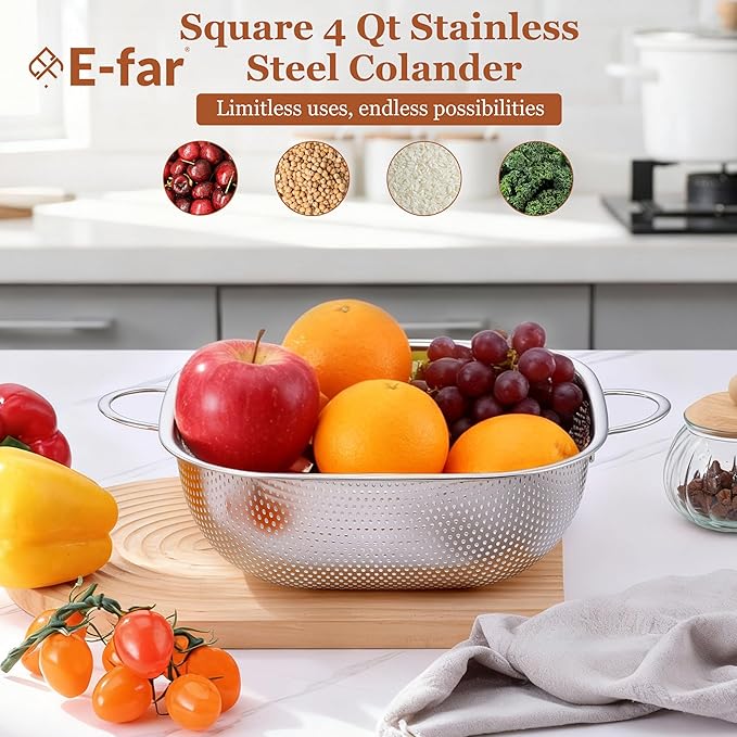 E-far 4QT Square Stainless Steel Colander - Metal Strainer with Handle for Draining Pasta & Vegetables, Micro-Perforated & Elevated Feet, Dishwasher Safe