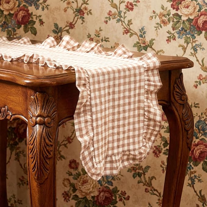 HunnmingRe 1 Pcs Brown Plaid Gingham Ruffle Table Runner 118 x 13.8'' Farmhouse Table Runner 100% Cotton Scalloped Long Dresser Scarves for Dining Room, Wedding, Kitchen Rustic Home Decor