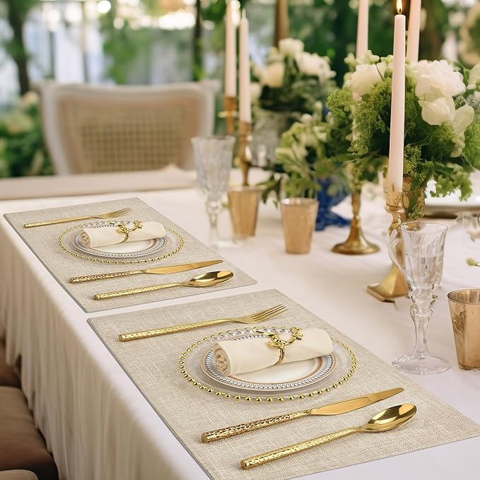 SLKQG Beige Linen Fabric Placemats Set of 4, Heat Resistant & Machine Washable Double-Layered Cloth Placemats for Dining Table, Indoor/Outdoor Use, Non-Slip Kitchen Table Mats (4, Beige Cream)