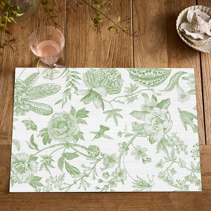 Artoid Mode Green Floral Brids Spring Vinyl Placemats Set of 4, Washable Heat Resistant Non-Slip Woven Plastic PVC Place Mats for Farmhouse Holiday Party Dining Table Decor