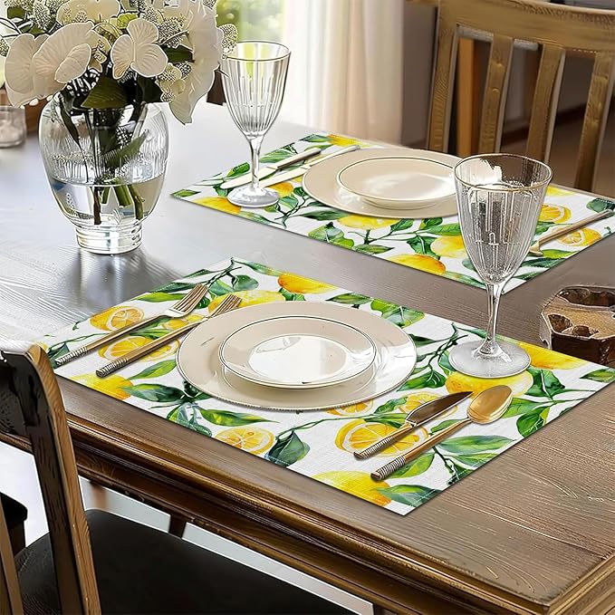 Vintage Lemon Placemats Set of 6, Washable Linen Place Mat Heat Resistant Non Slip Kitchen Dining Table Mats 12x18 Inch