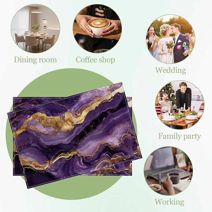 Purple Gold Marble Placemats Set of 6, Washable Heat Resistant Table Mat Linen Place Mats for Party Kitchen Dining Home Decor 12x18 Inch