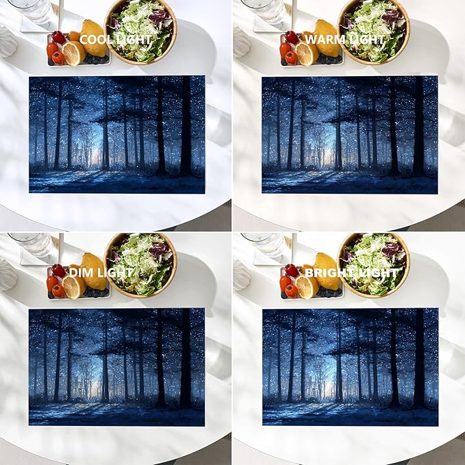 Batmerry Snowy Forest Placemats, Starry Night Forest Scene Washable Linen Table Mats for Kitchen Table Double Insulation Decor Dining Set Indoor Outdoor 12X18 in Set of 4