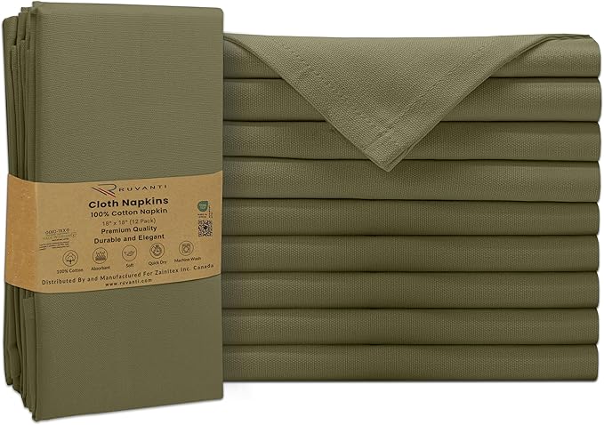 Ruvanti Cloth Napkins Set of 12, 100% Cotton High GSM 18x18 Inches Soft, Washable, Highly Durable & Absorbent, Perfect for Parties, Christmas, Thanksgiving Dinners – Capulet Olive