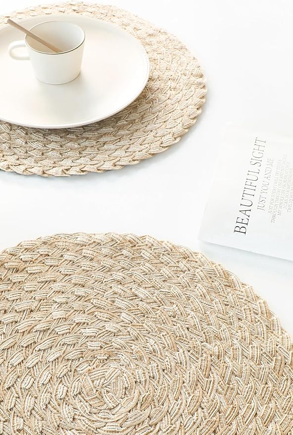 Floroom 15 Inch Round Braided Placemats Set of 4, Washable Heat Resistant Cotton Polyester Circle Boho Place Mats for Kitchen Dining Table - Dunes Khaki