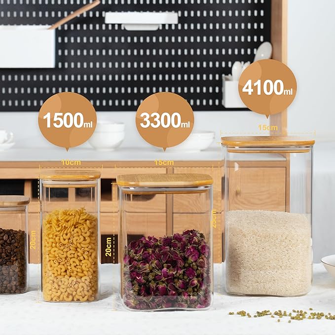 D2scrma 156oz 52oz Airtight Glass Square Storage Canister with Bamboo Lid Set of 2(4600ml*1 1550ml*1) Large Gallon Glass Jars for Sugar, Flour, Cookies and Coffee beans (with Black Lable)