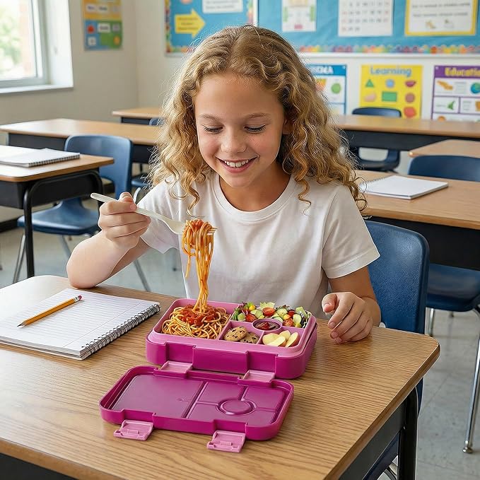 Bento Lunch Box for Kids, 6 Compartments BPA Free, Dishwasher Safe Back to School Snack Bento Lunch Containers Boxes, Ideal Portion Sizes for On-the-Go Meal, Ages 3+, School, Rose Red