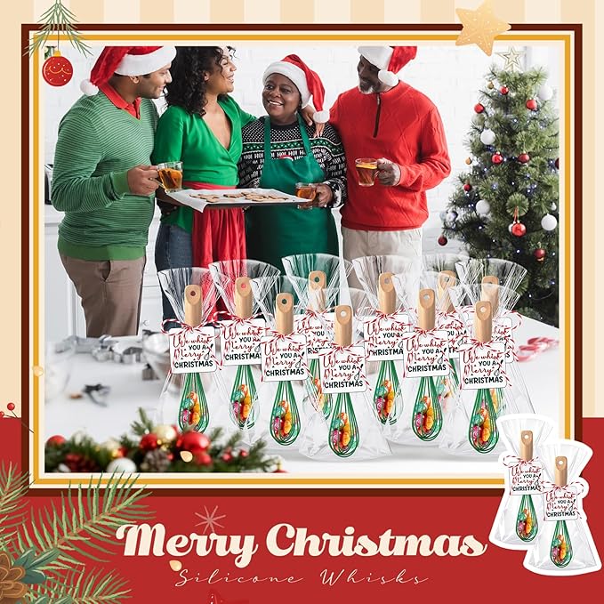 Baderke 20 Sets Baking Gifts Set Includes 8 Inch Silicone Whisk with Wood Handle Wired Stainless Steel Whisk Set Greeting Cards Plastic Bags for Party Birthday Christmas Stuffers Gift(Green)