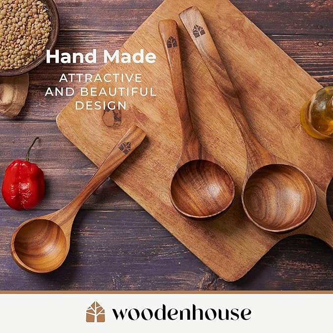 Wooden Ladle for Soup, 3 Size Teak Wood Ladle Spoon with Back Hooks for Pot & Bowl, Non-Stick Wooden Spoon Set for Cooking, Serving and Stirring
