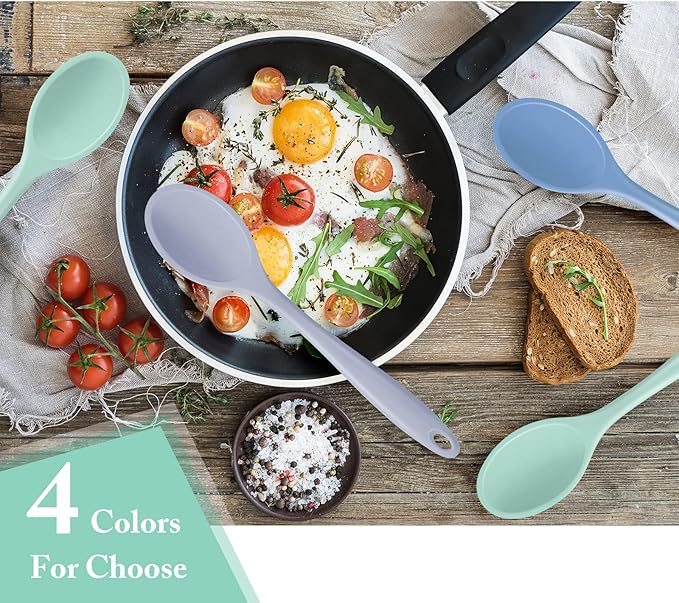 Shappy 4 Pieces Silicone Cooking Spoons 10.6 Inch Heat Resistant Kitchen Spoons for Mixing, Serving and Stirring Upgrade Large Non Stick Basting Utensils, Dishwasher Safe(Spoon,Fresh Color)