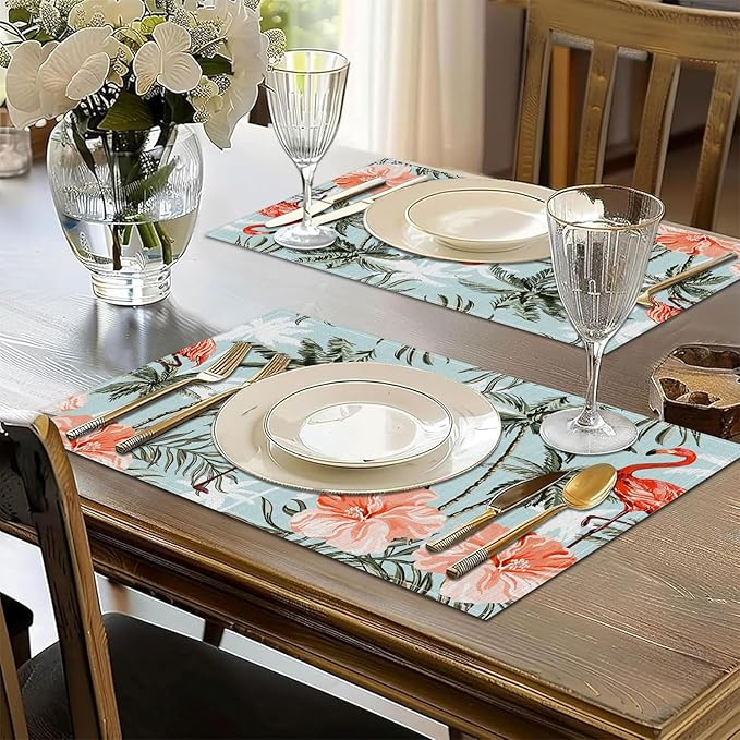 Flamingo Floral Palm Placemats Set of 6, Tropical Flower Tree Washable Linen Place Mat Heat Resistant Non Slip Kitchen Dining Table Mats 12x18 Inch