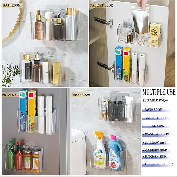 Lae Nuvole 2 Pack Adhesive Mount Cabinet Door Organizer, Wall Mounted Bathroom Organizers and Storage Bins Plastic Stackable Shower Caddy Hanging Floating Shelves for Narrow Space, BPA Free (Clear)