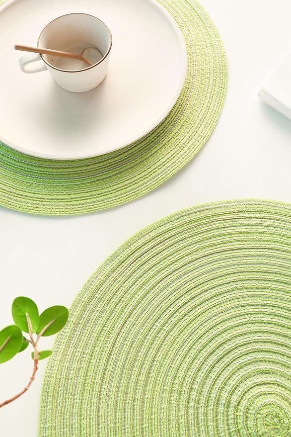 Floroom 15 Inch Round Braided Placemats Set of 6, Washable Heat Resistant Cotton Polyester Circle Place Mats for Kitchen Dining Table - Spring Green