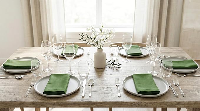 PurpleEssences Set of 12 Hemstitch Cloth Dinner Napkins 100% Cotton - Soft Durable Washable - Ideal for Wedding Spring Easter Summer - Perfect Everyday Use Table Linen 18x18 - Sage Green